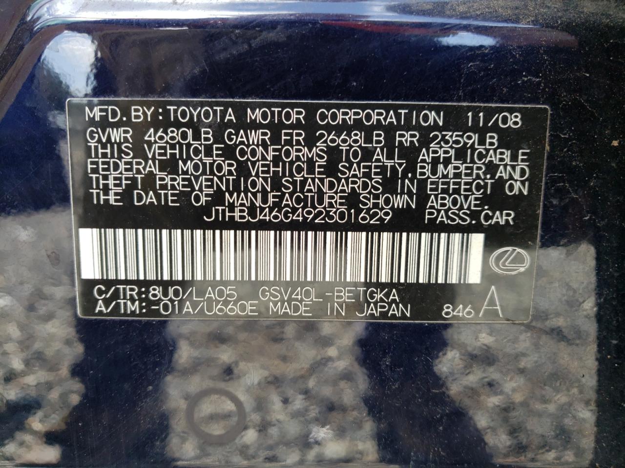 Photo 10 from auction – 2009 LEXUS ES 350 with VIN JTHBJ46G492301629