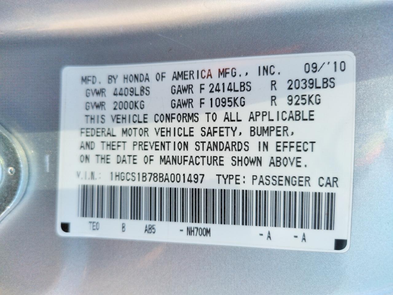 Photo 10 from auction – 2011 HONDA ACCORD EX with VIN 1HGCS1B78BA001497