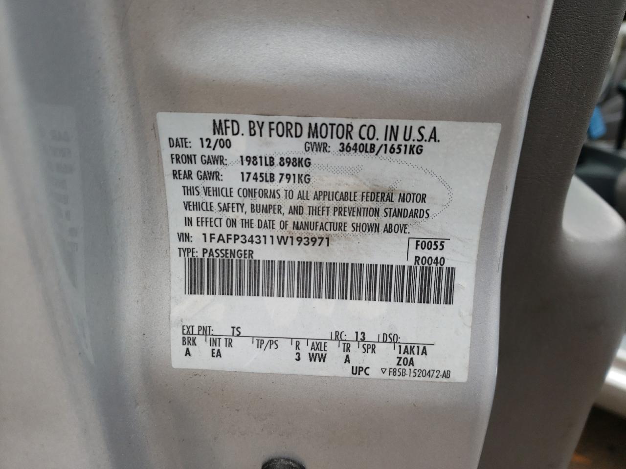 Photo 10 from auction – 2001 FORD FOCUS SE with VIN 1FAFP34311W193971