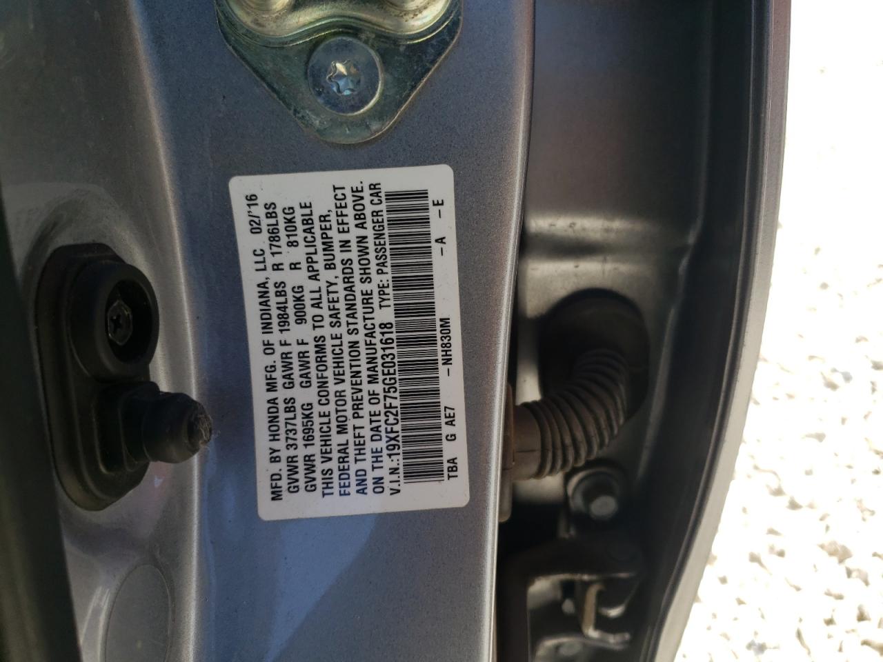 Photo 10 from auction – 2016 HONDA CIVIC EX with VIN 19XFC2F75GE031618