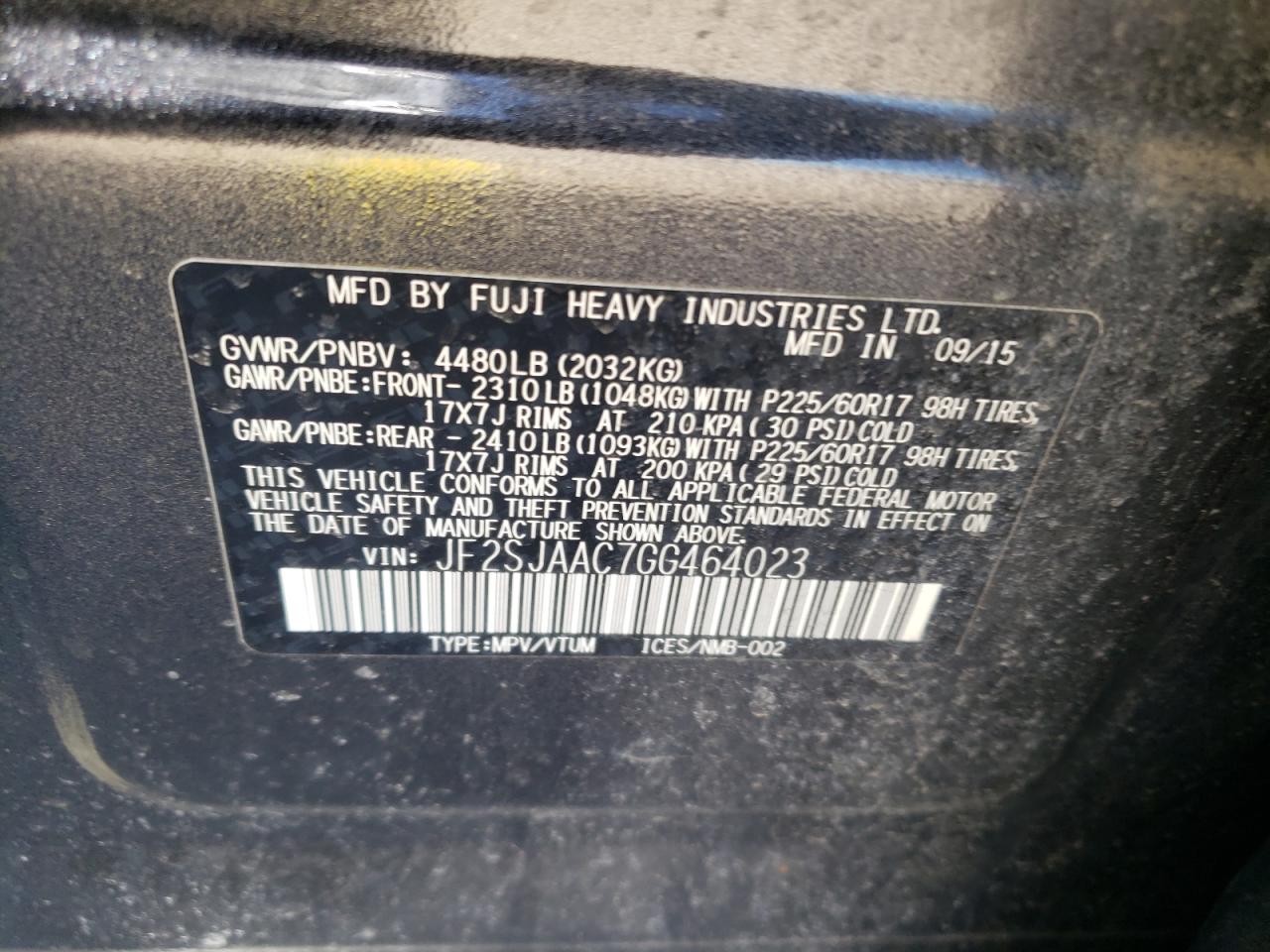 Photo 10 from auction – 2016 SUBARU FORESTER 2 with VIN JF2SJAAC7GG464023