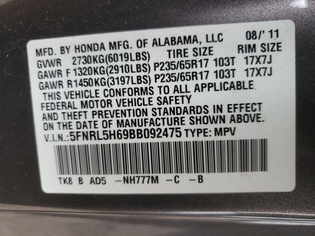 Photo 10 from auction – 2011 HONDA ODYSSEY EX with VIN 5FNRL5H69BB092475