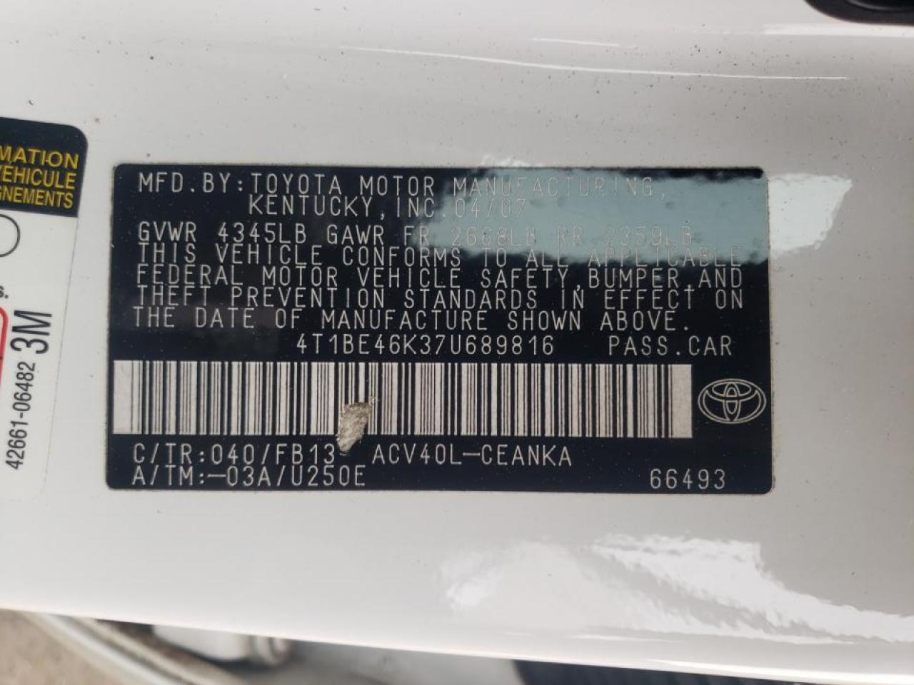Photo 10 from auction – 2007 TOYOTA CAMRY CE with VIN 4T1BE46K37U689816