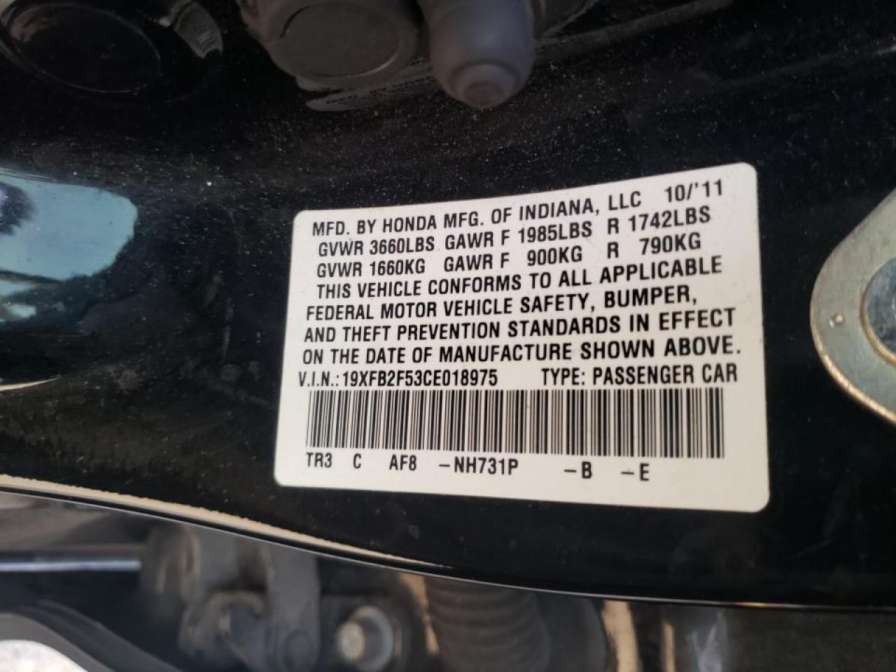 Photo 10 from auction – 2012 HONDA CIVIC LX with VIN 19XFB2F53CE018975