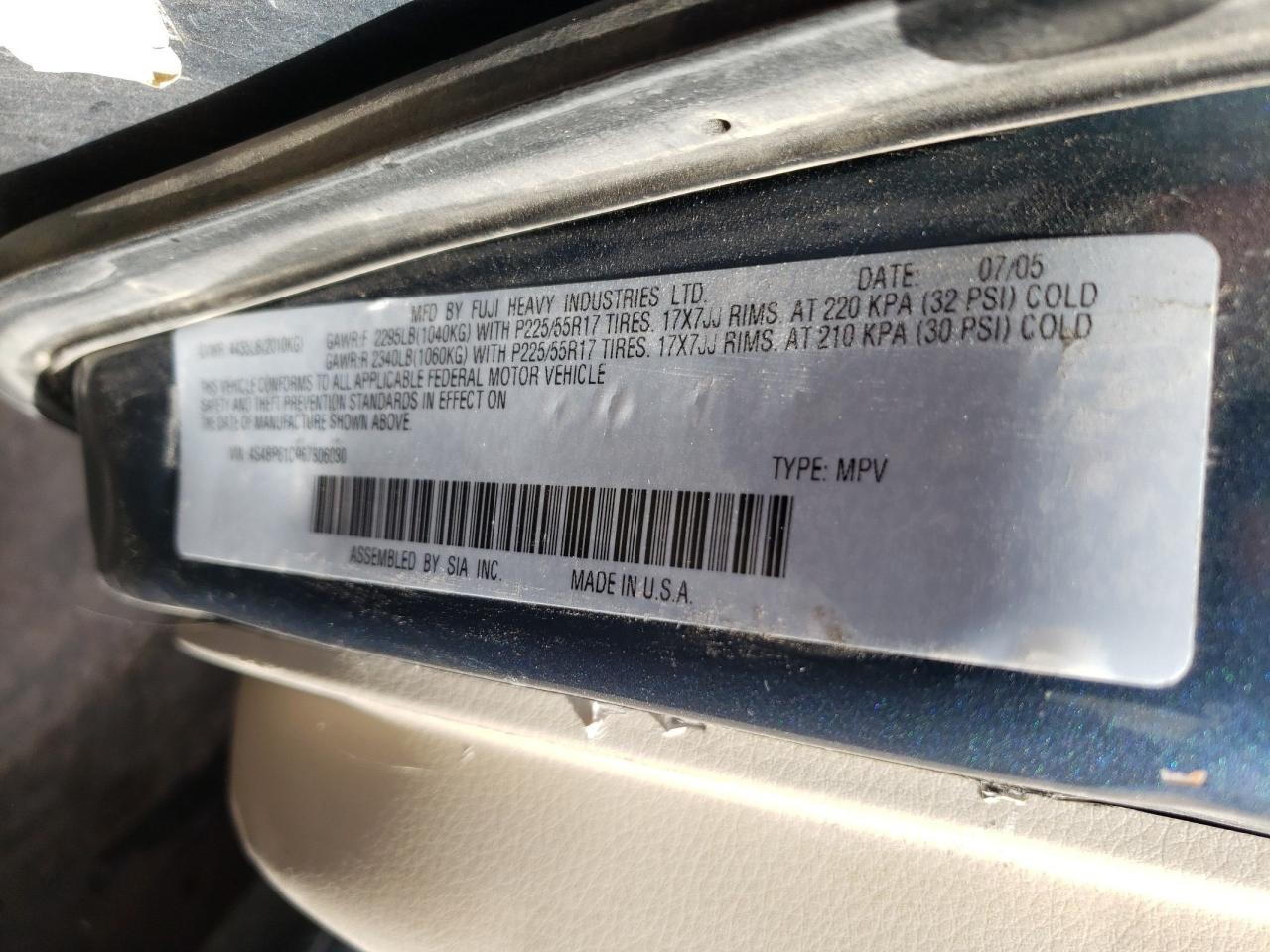 Photo 10 from auction – 2006 SUBARU LEGACY OUT with VIN 4S4BP61C967306030