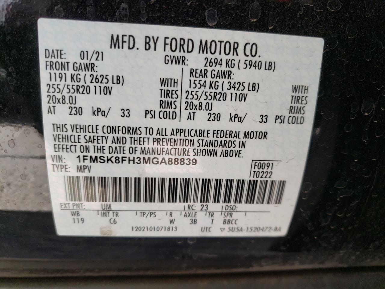 Photo 10 from auction – 2021 FORD EXPLORER L with VIN 1FMSK8FH3MGA88839