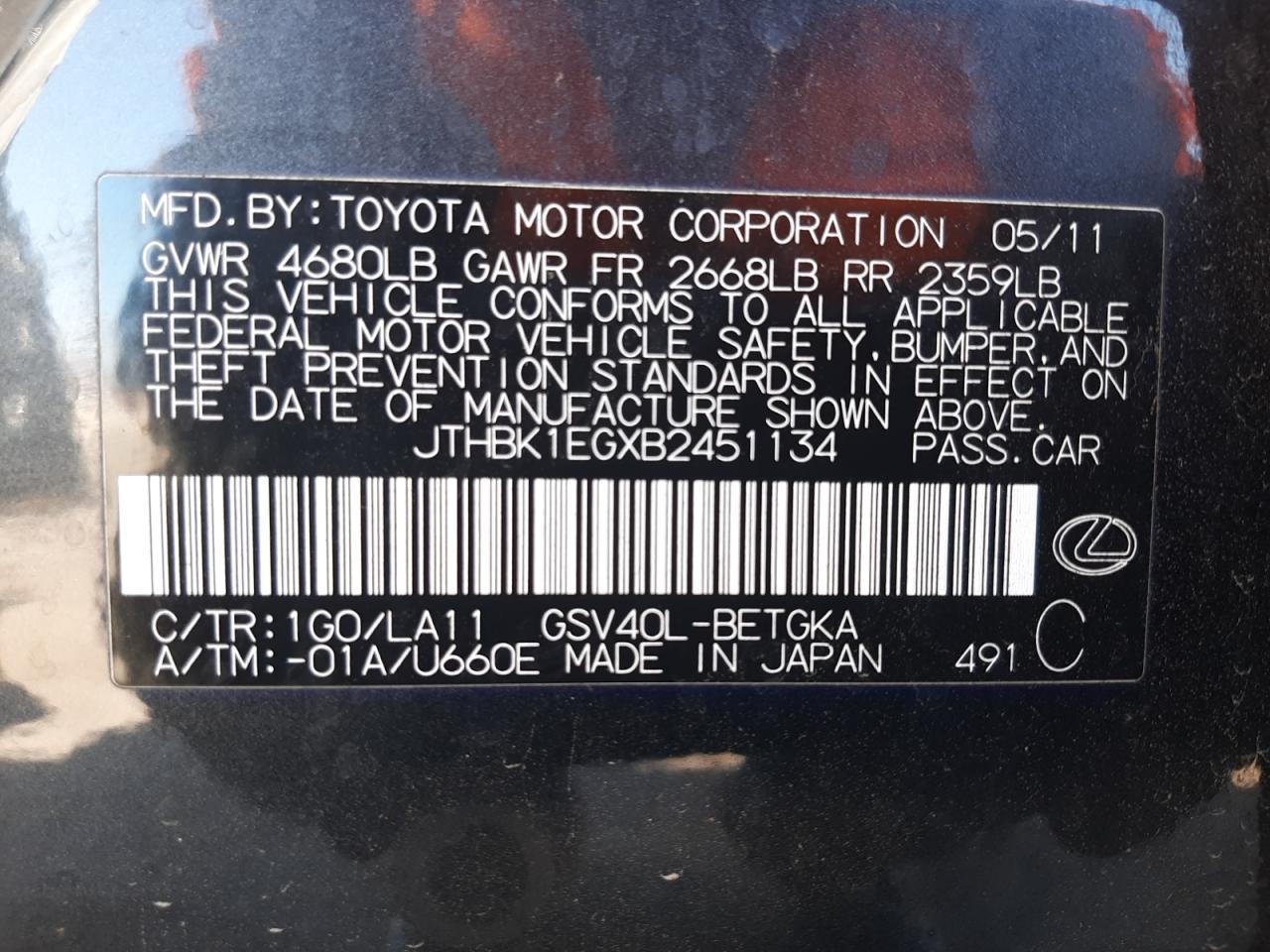 Photo 10 from auction – 2011 LEXUS ES 350 with VIN JTHBK1EGXB2451134