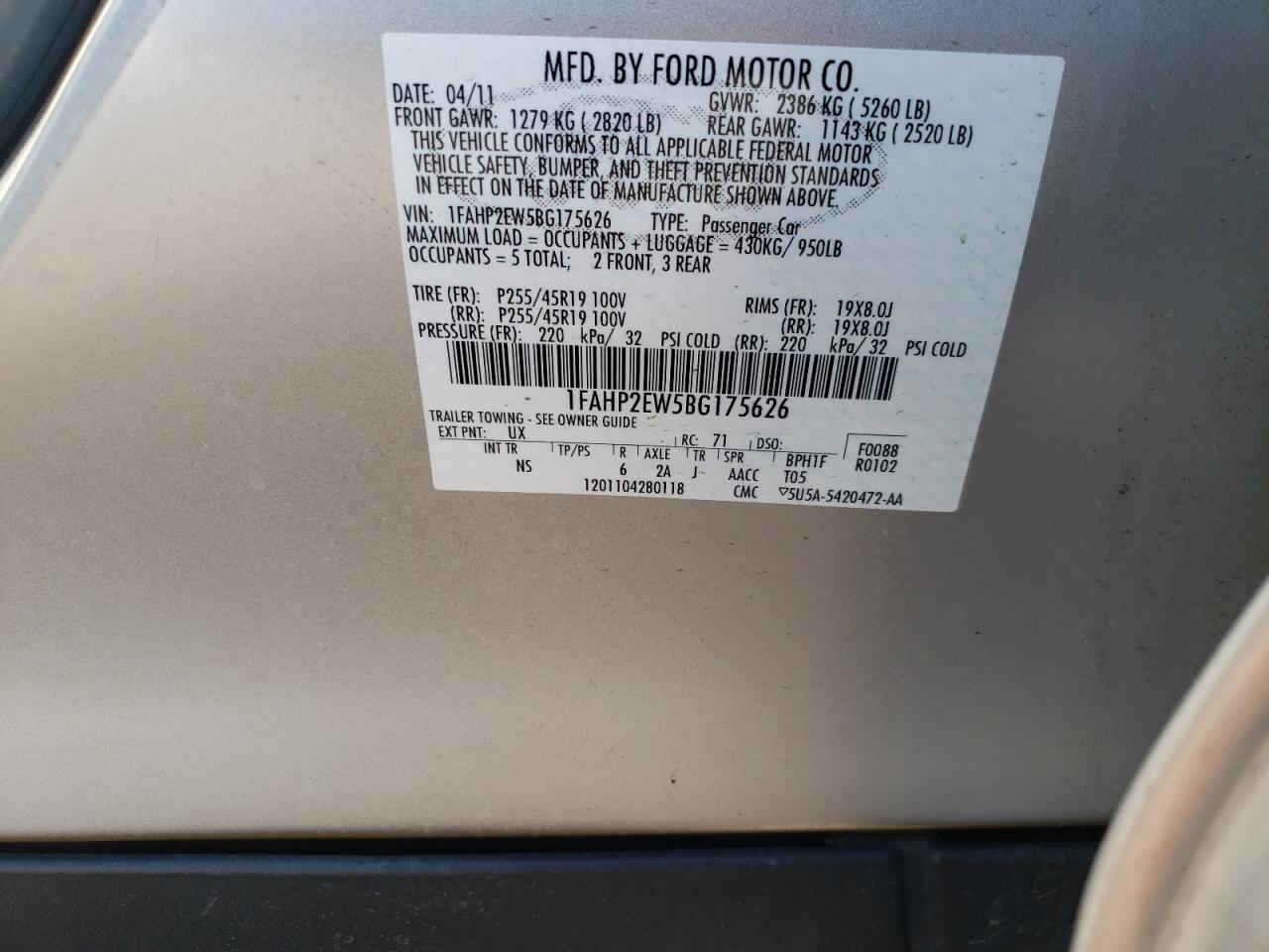 Photo 10 from auction – 2011 FORD TAURUS SEL with VIN 1FAHP2EW5BG175626