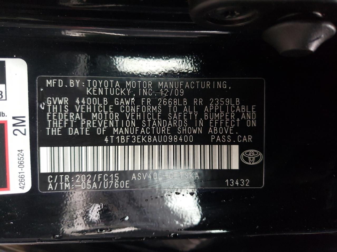 Photo 10 from auction – 2010 TOYOTA CAMRY BASE with VIN 4T1BF3EK8AU098400