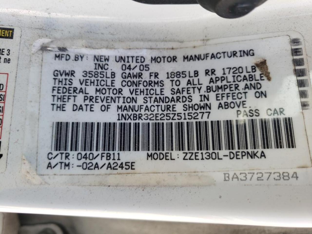 Photo 10 from auction – 2005 TOYOTA COROLLA CE with VIN 1NXBR32E25Z515277