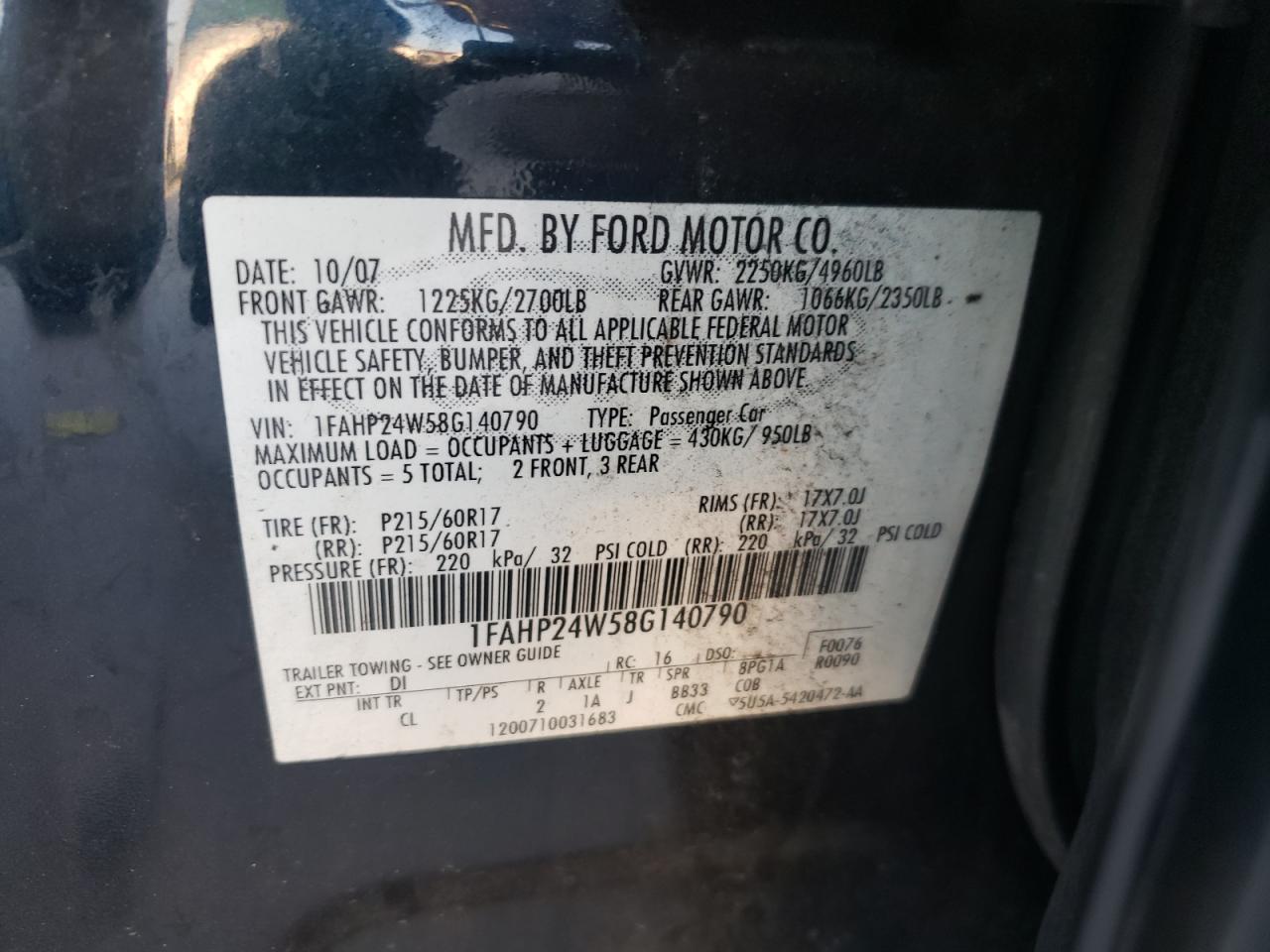 Photo 10 from auction – 2008 FORD TAURUS SEL with VIN 1FAHP24W58G140790