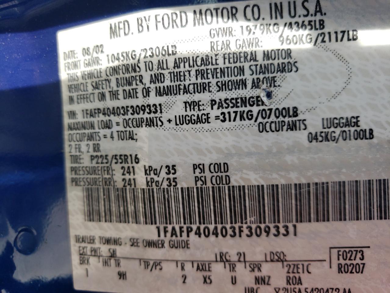 Photo 10 from auction – 2003 FORD MUSTANG with VIN 1FAFP40403F309331