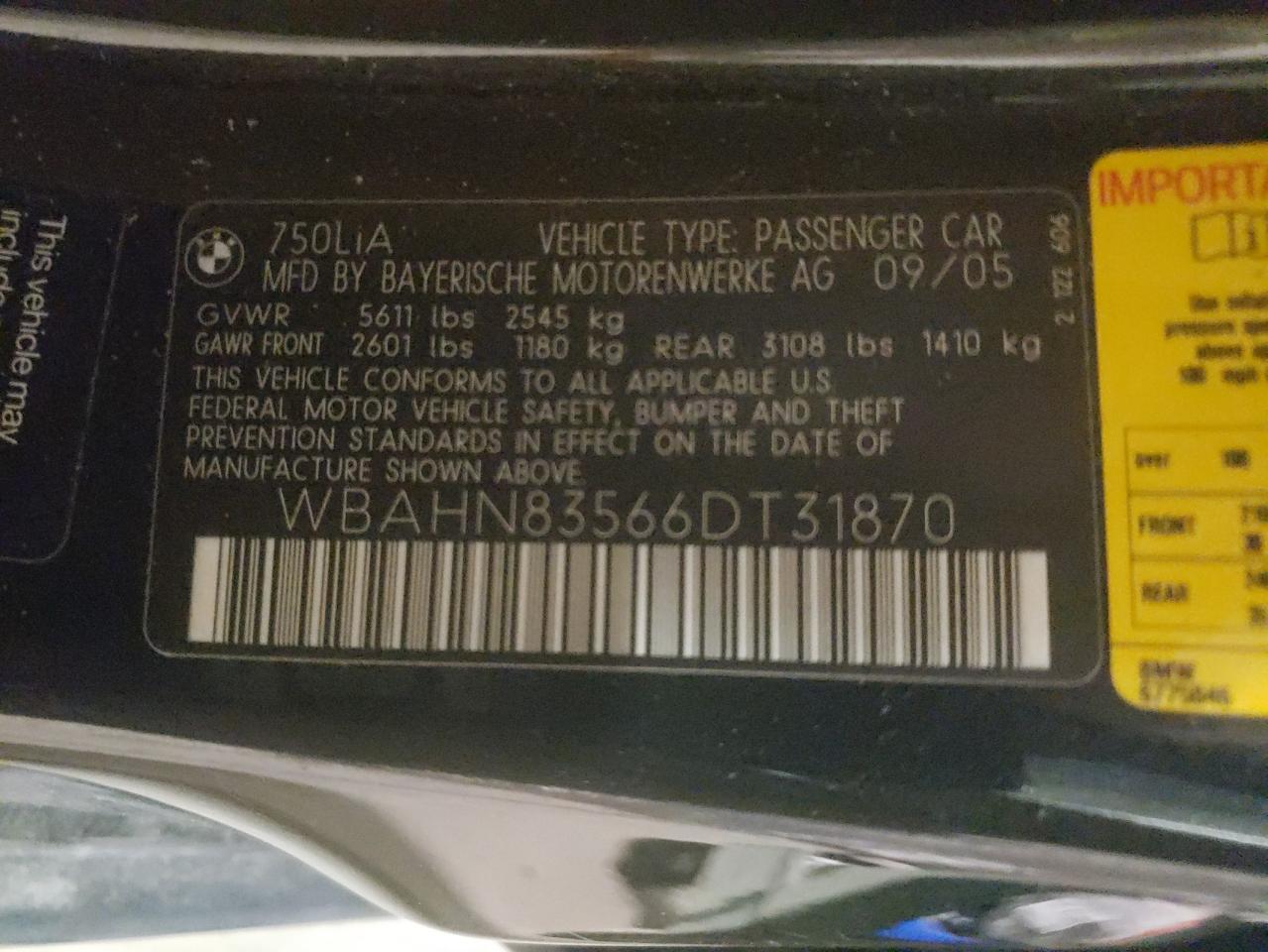Photo 10 from auction – 2006 BMW 750 LI with VIN WBAHN83566DT31870