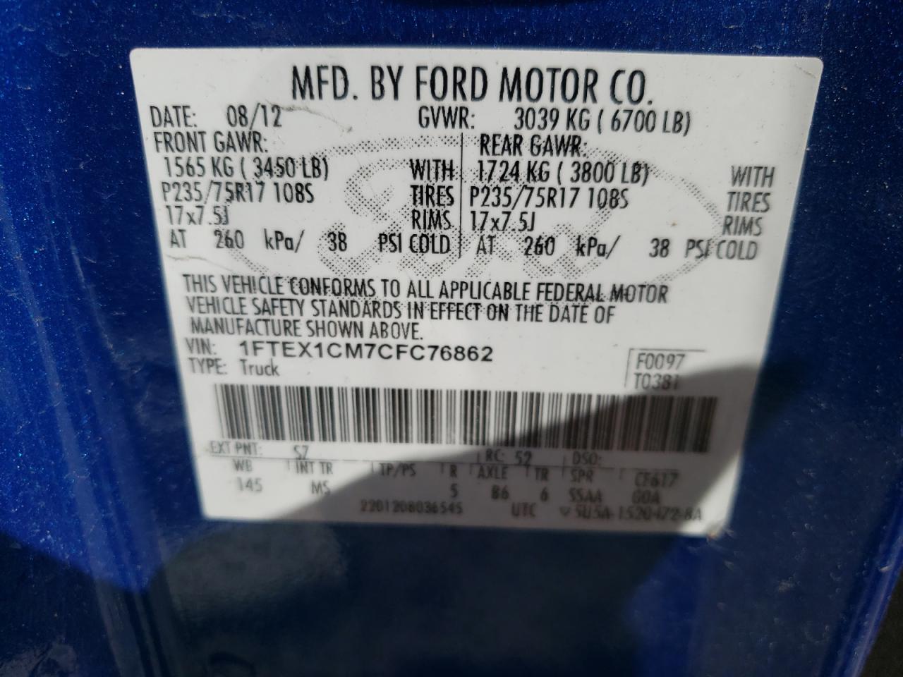 Photo 10 from auction – 2012 FORD F150 SUPER with VIN 1FTEX1CM7CFC76862