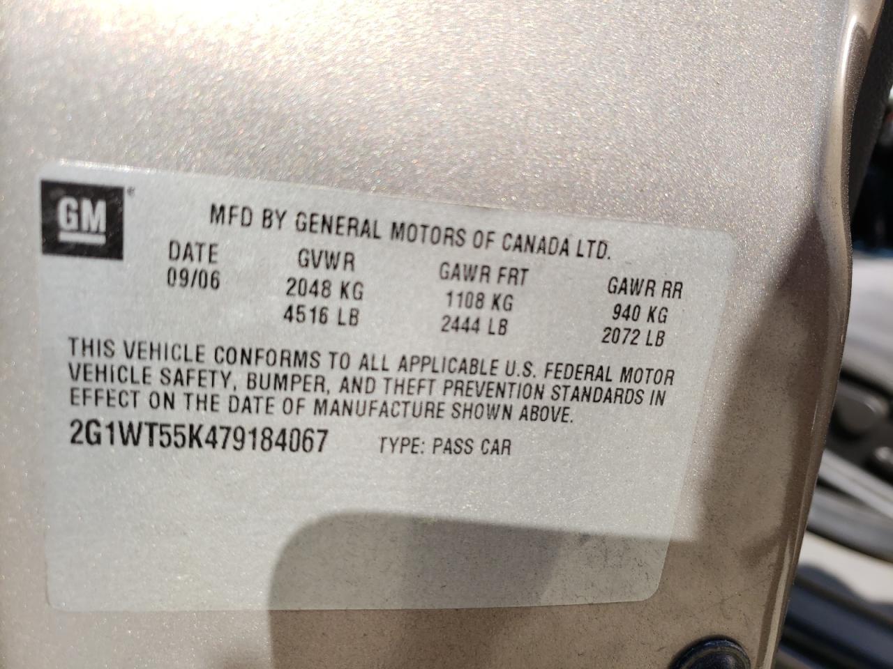 Photo 10 from auction – 2007 CHEVROLET IMPALA LT with VIN 2G1WT55K479184067