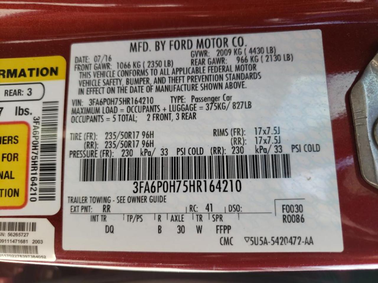 Photo 10 from auction – 2017 FORD FUSION SE with VIN 3FA6P0H75HR164210