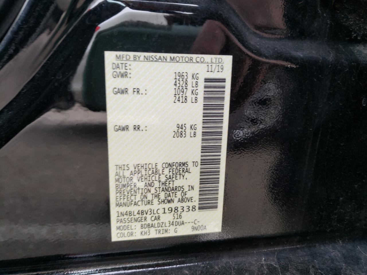Photo 10 from auction – 2020 NISSAN ALTIMA S with VIN 1N4BL4BV3LC198338