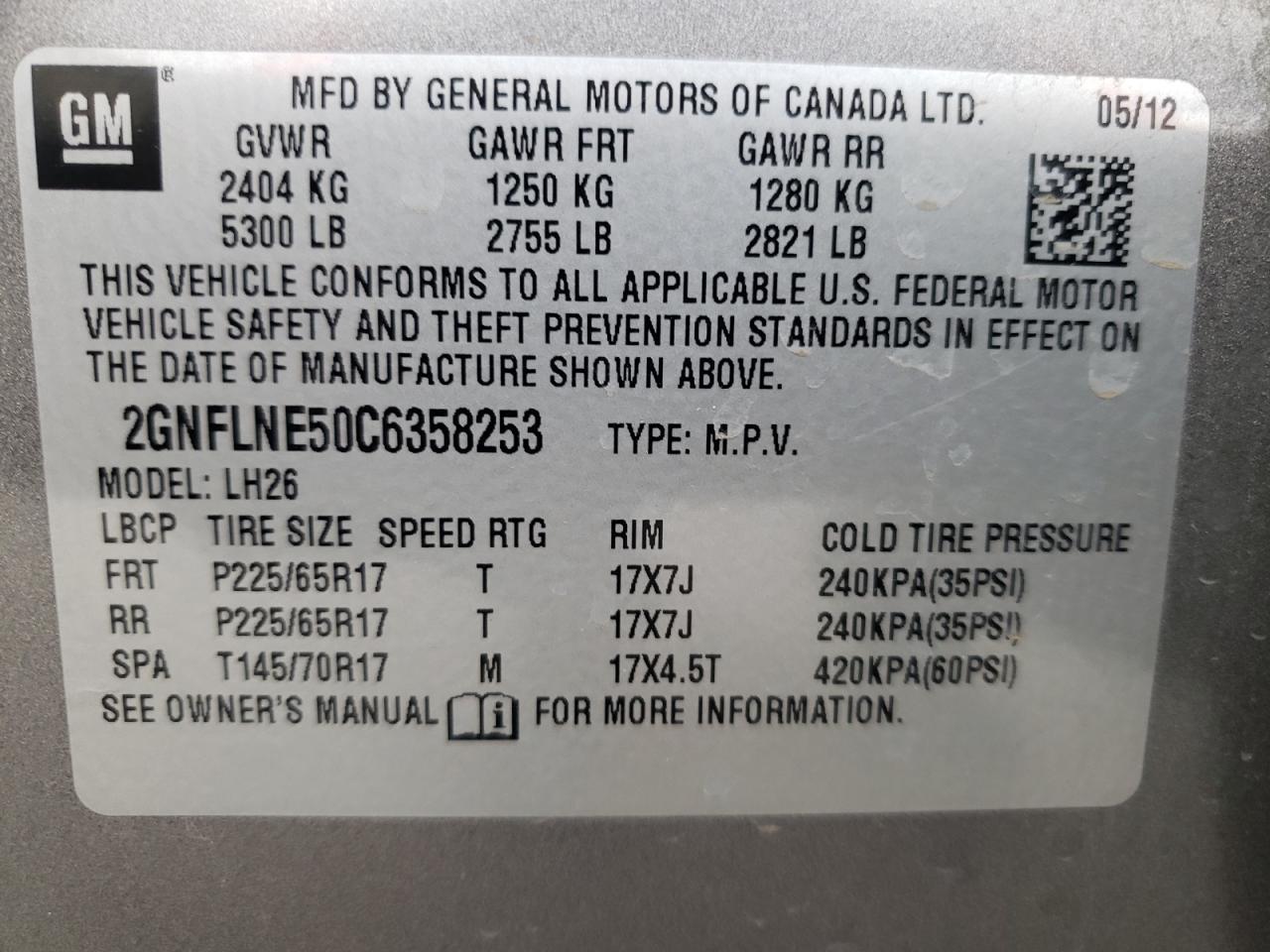 Photo 10 from auction – 2012 CHEVROLET EQUINOX LT with VIN 2GNFLNE50C6358253