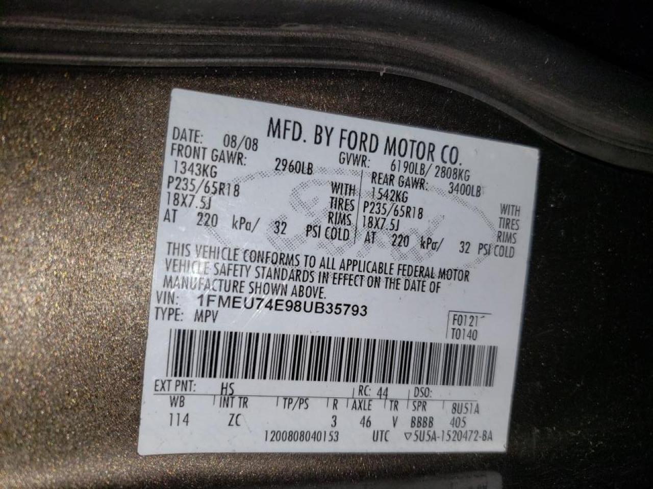 Photo 10 from auction – 2008 FORD EXPLORER E with VIN 1FMEU74E98UB35793