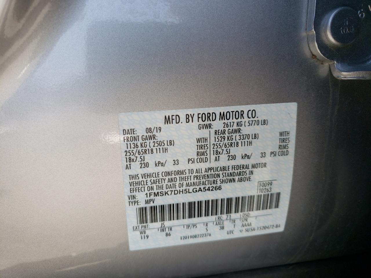 Photo 10 from auction – 2020 FORD EXPLORER X with VIN 1FMSK7DH5LGA54266