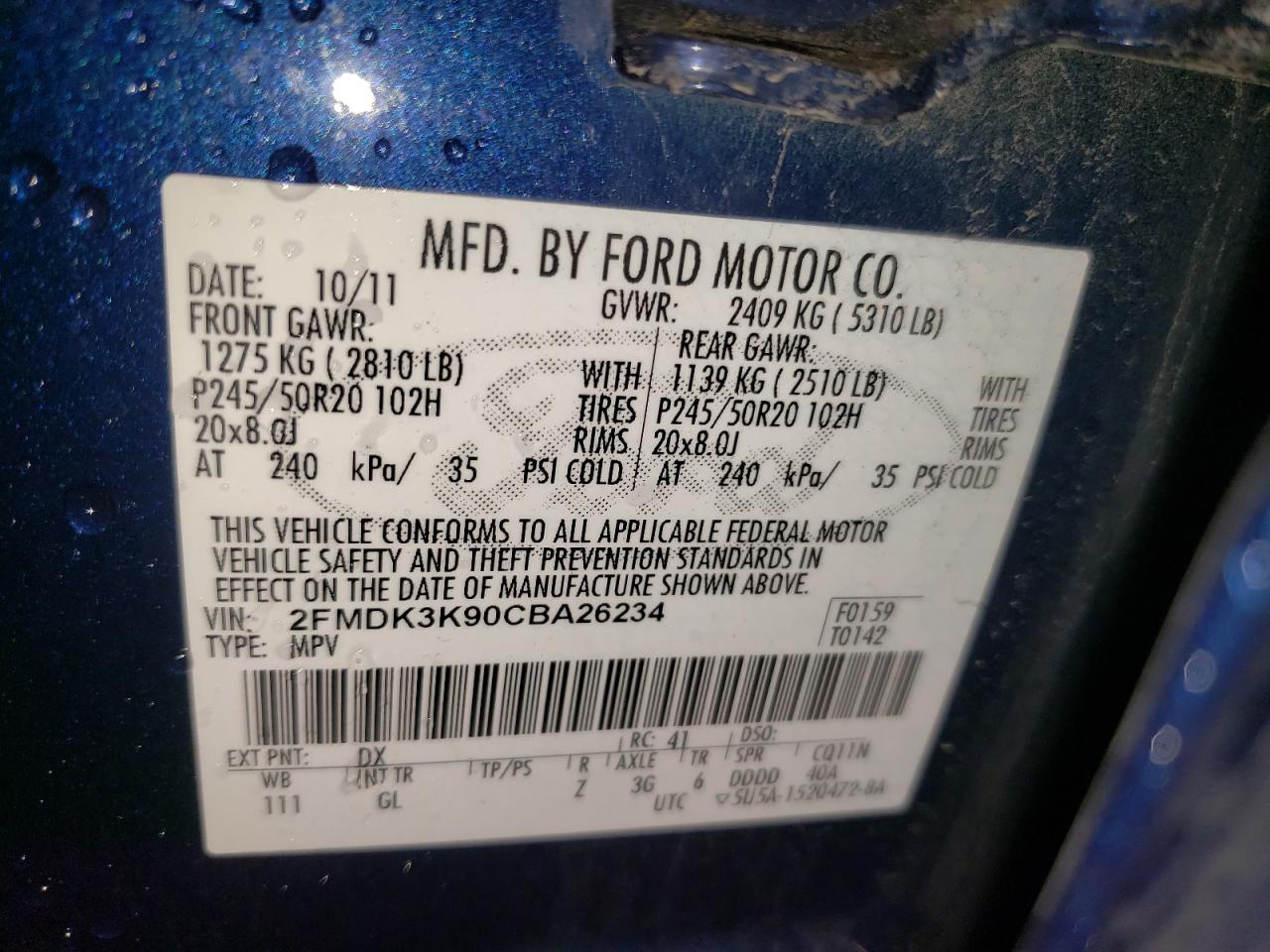 Photo 10 from auction – 2012 FORD EDGE LIMIT with VIN 2FMDK3K90CBA26234