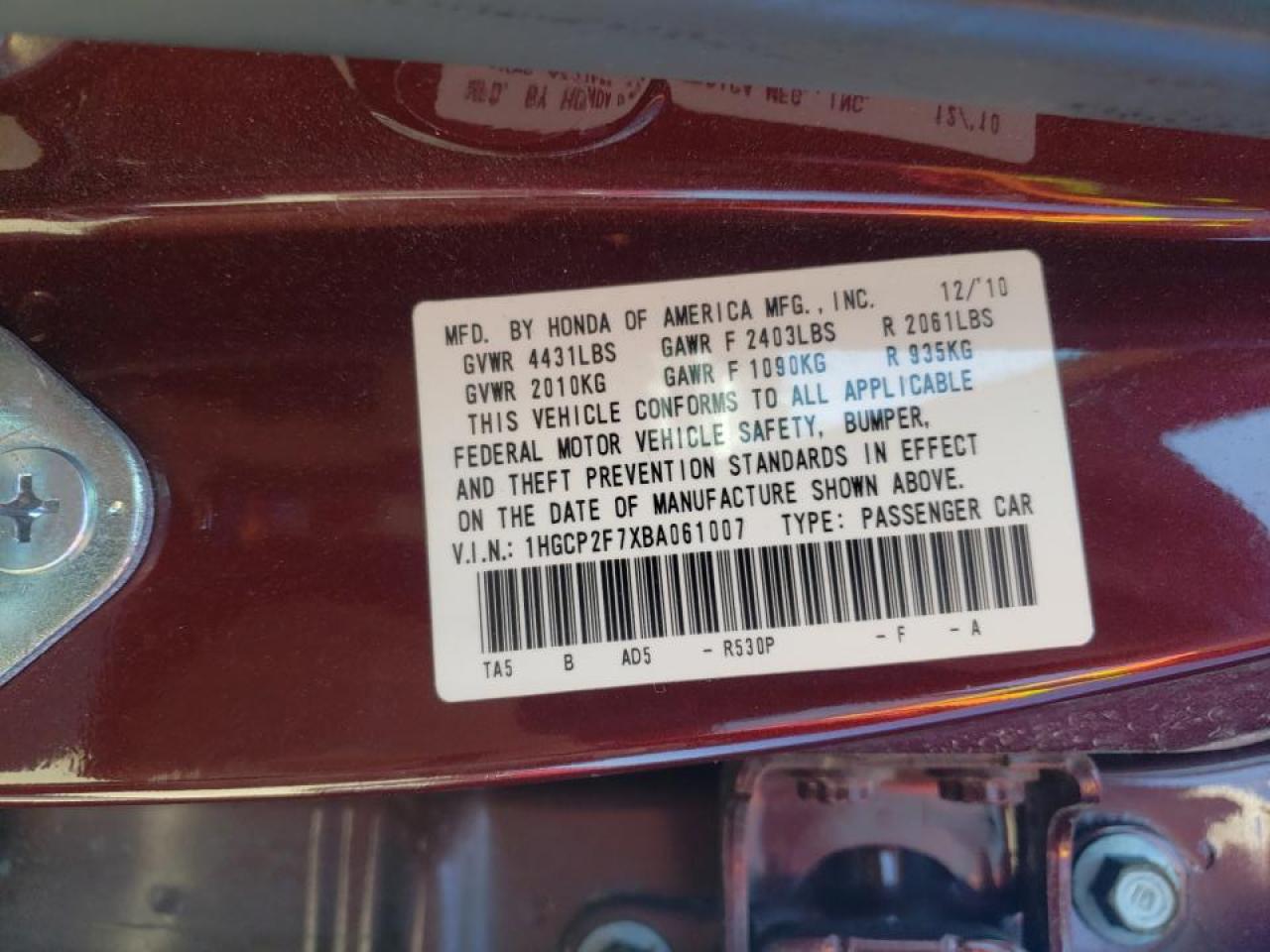 Photo 10 from auction – 2011 HONDA ACCORD EX with VIN 1HGCP2F7XBA061007