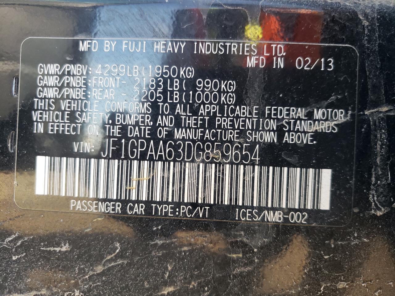 Photo 10 from auction – 2013 SUBARU IMPREZA with VIN JF1GPAA63DG859654