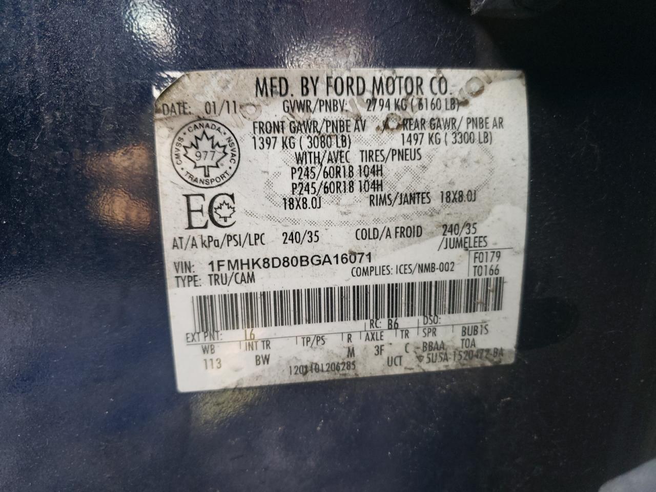 Photo 10 from auction – 2011 FORD EXPLORER X with VIN 1FMHK8D80BGA16071