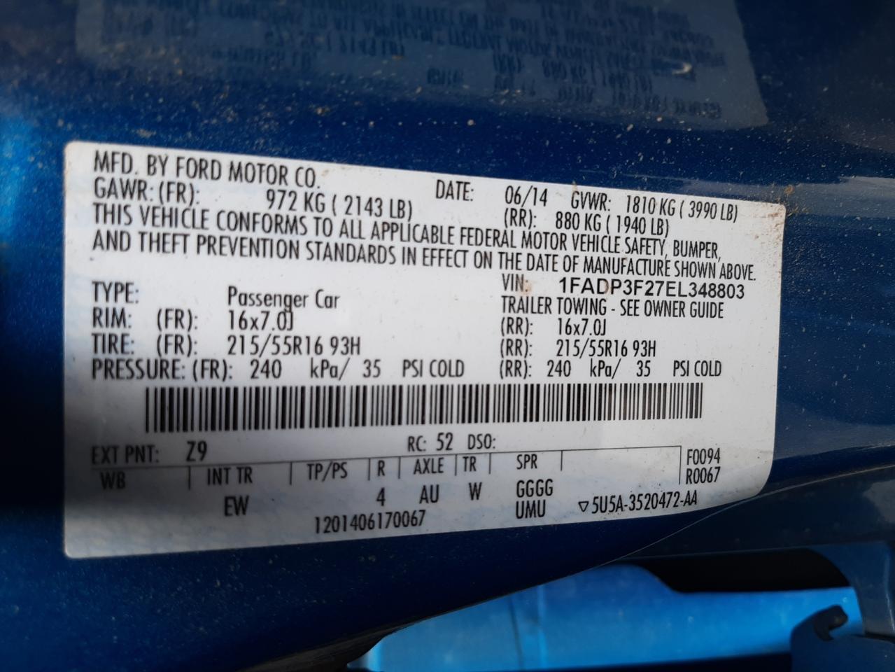 Photo 10 from auction – 2014 FORD FOCUS SE with VIN 1FADP3F27EL348803