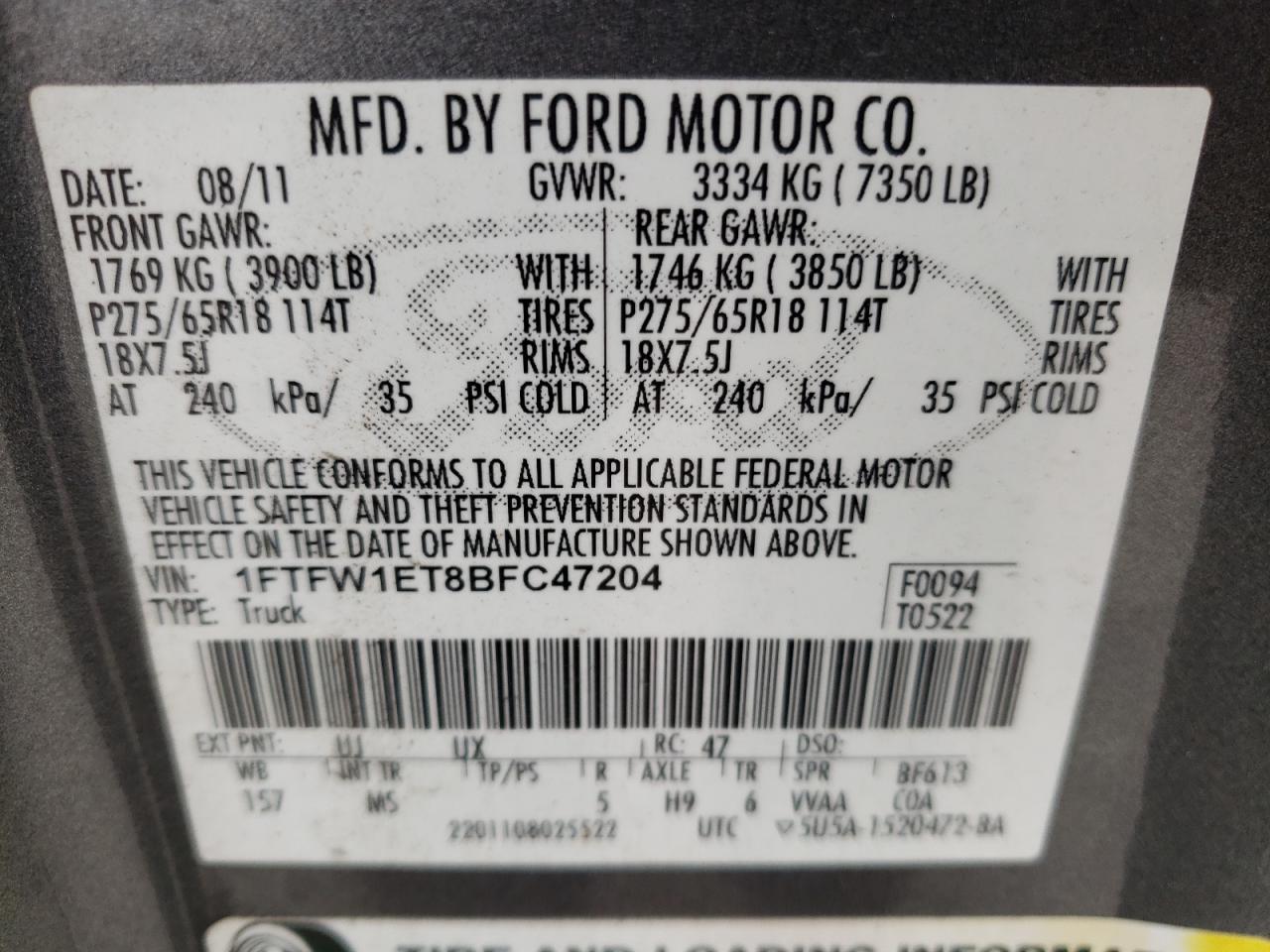 Photo 10 from auction – 2011 FORD F150 SUPER with VIN 1FTFW1ET8BFC47204