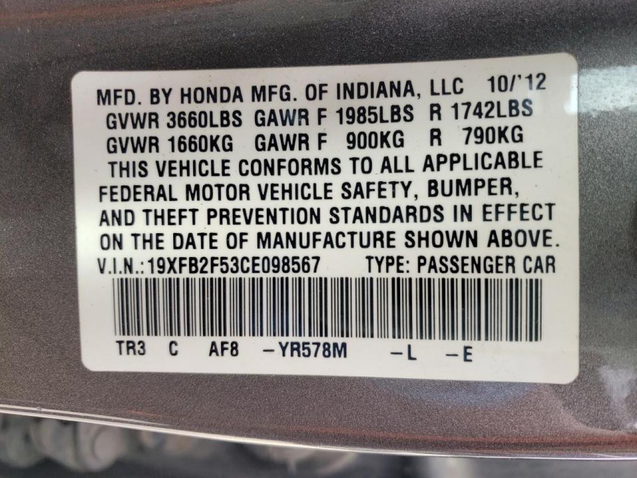 Photo 10 from auction – 2012 HONDA CIVIC LX with VIN 19XFB2F53CE098567