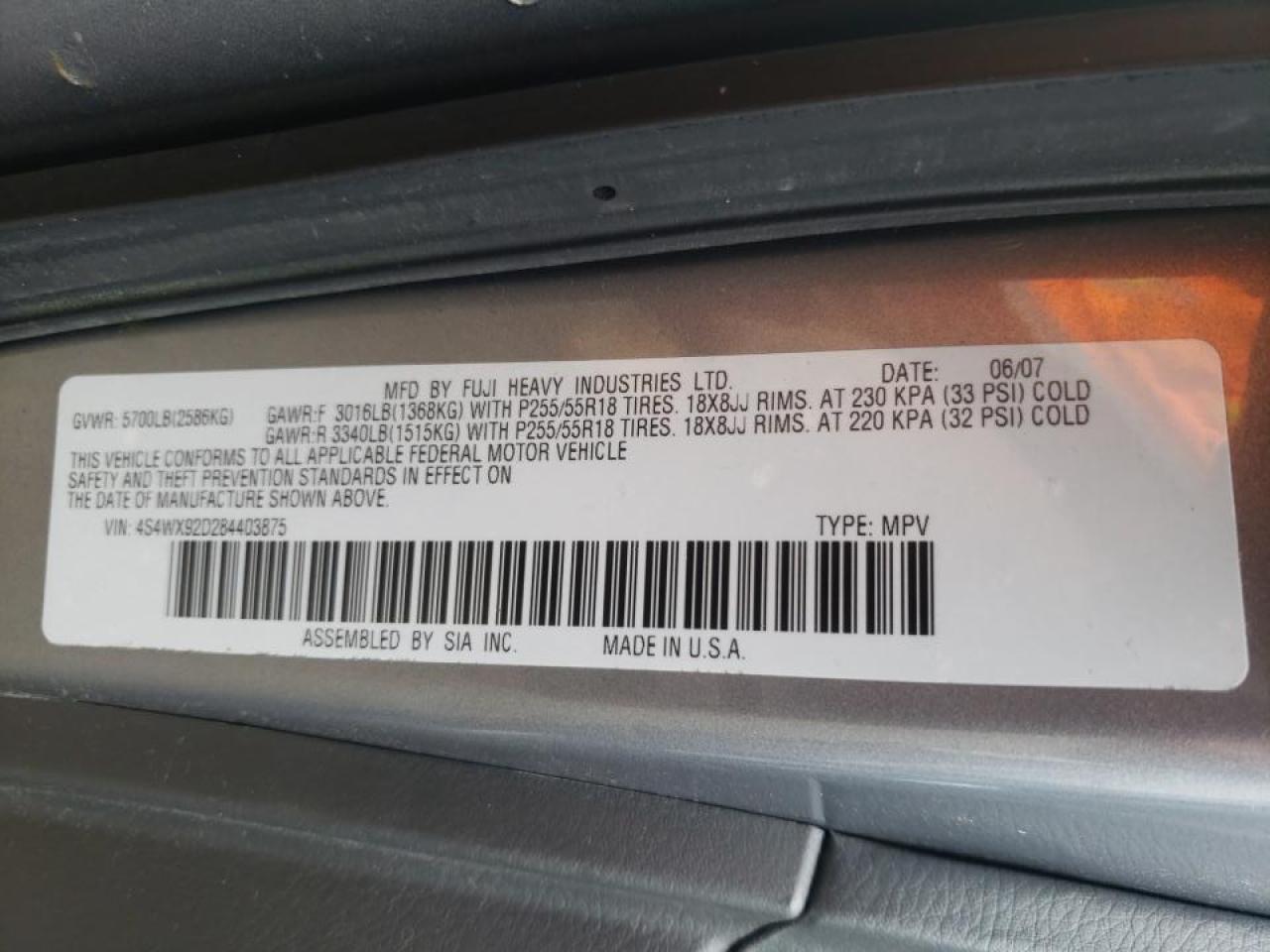 Photo 10 from auction – 2008 SUBARU TRIBECA LI with VIN 4S4WX92D284403875