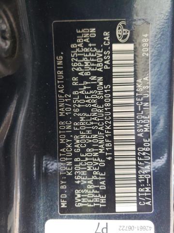 Photo 10 from auction – 2012 TOYOTA CAMRY BASE with VIN 4T1BF1FK2CU180015