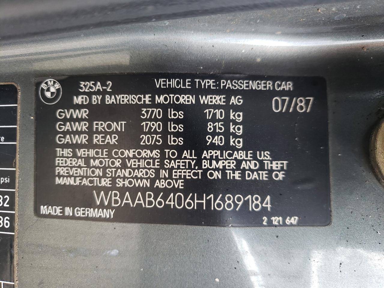 Photo 10 from auction – 1987 BMW 325 E AUTO with VIN WBAAB6406H1689184