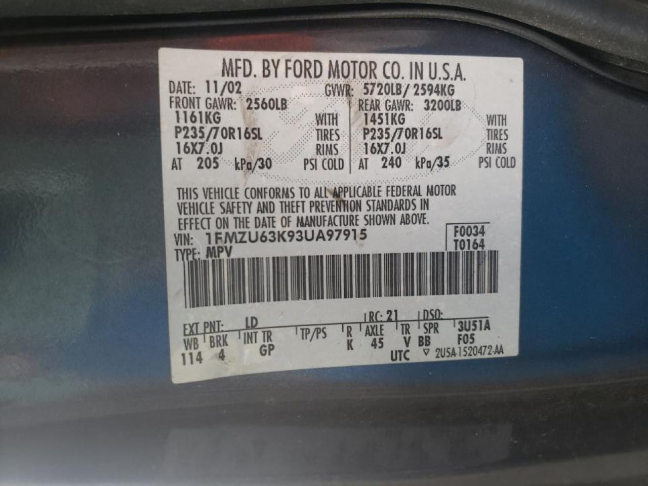 Photo 10 from auction – 2003 FORD EXPLORER X with VIN 1FMZU63K93UA97915