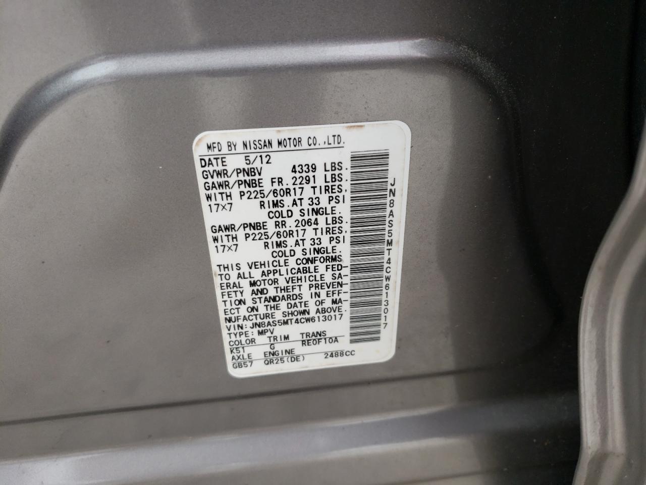 Photo 10 from auction – 2012 NISSAN ROGUE S with VIN JN8AS5MT4CW613017