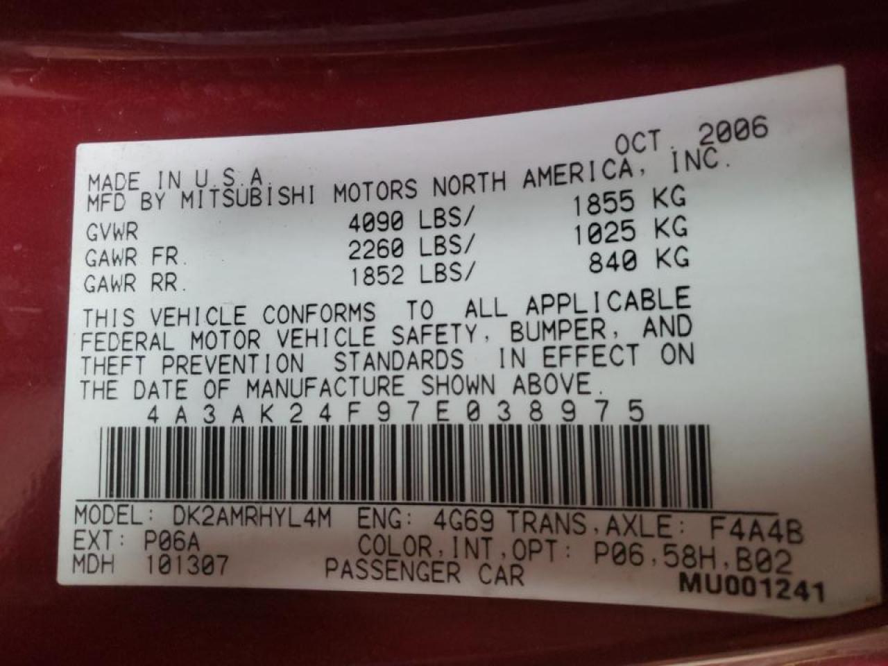 Photo 10 from auction – 2007 MITSUBISHI ECLIPSE GS with VIN 4A3AK24F97E038975