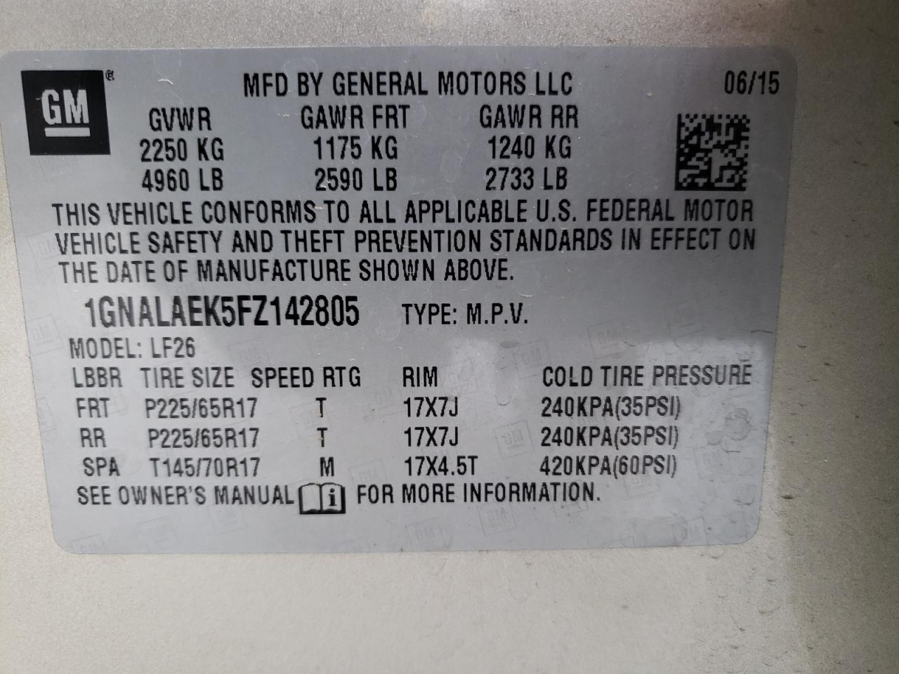 Photo 10 from auction – 2015 CHEVROLET EQUINOX LS with VIN 1GNALAEK5FZ142805