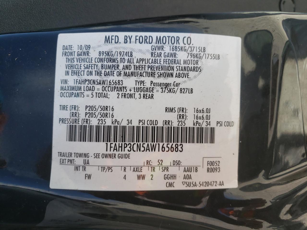 Photo 10 from auction – 2010 FORD FOCUS SE with VIN 1FAHP3CN5AW165683