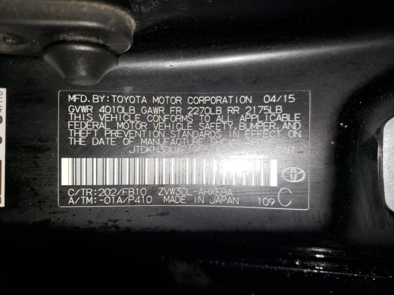 Photo 10 from auction – 2015 TOYOTA PRIUS with VIN JTDKN3DUXF1955187