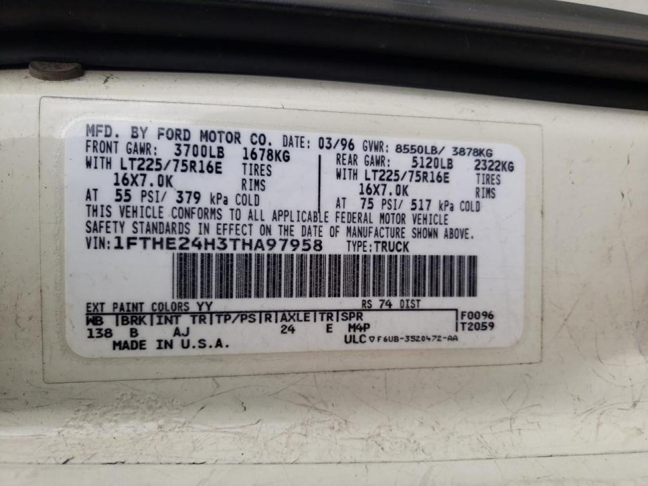 Photo 10 from auction – 1996 FORD ECONOLINE with VIN 1FTHE24H3THA97958