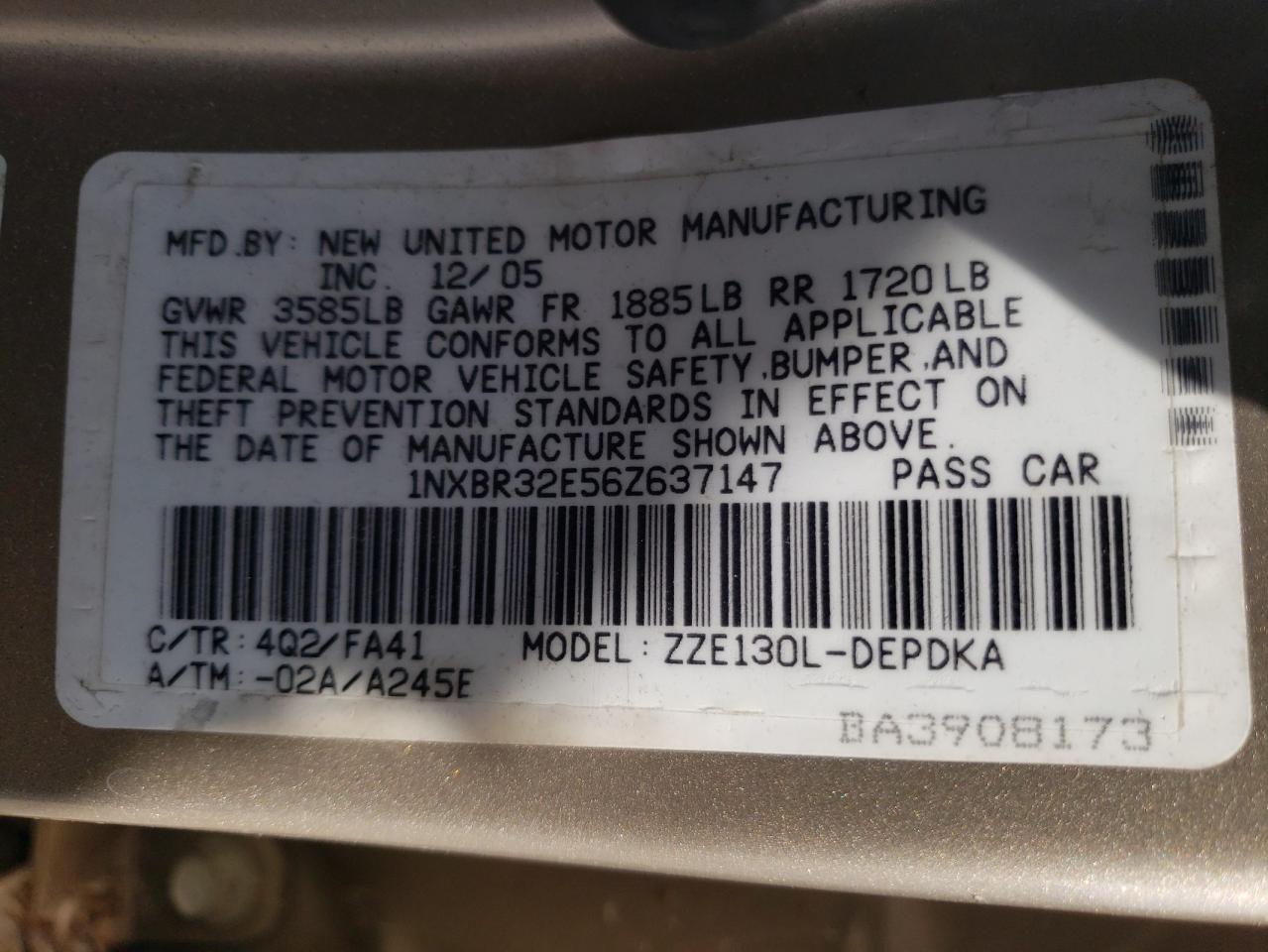 Photo 10 from auction – 2006 TOYOTA COROLLA CE with VIN 1NXBR32E56Z637147