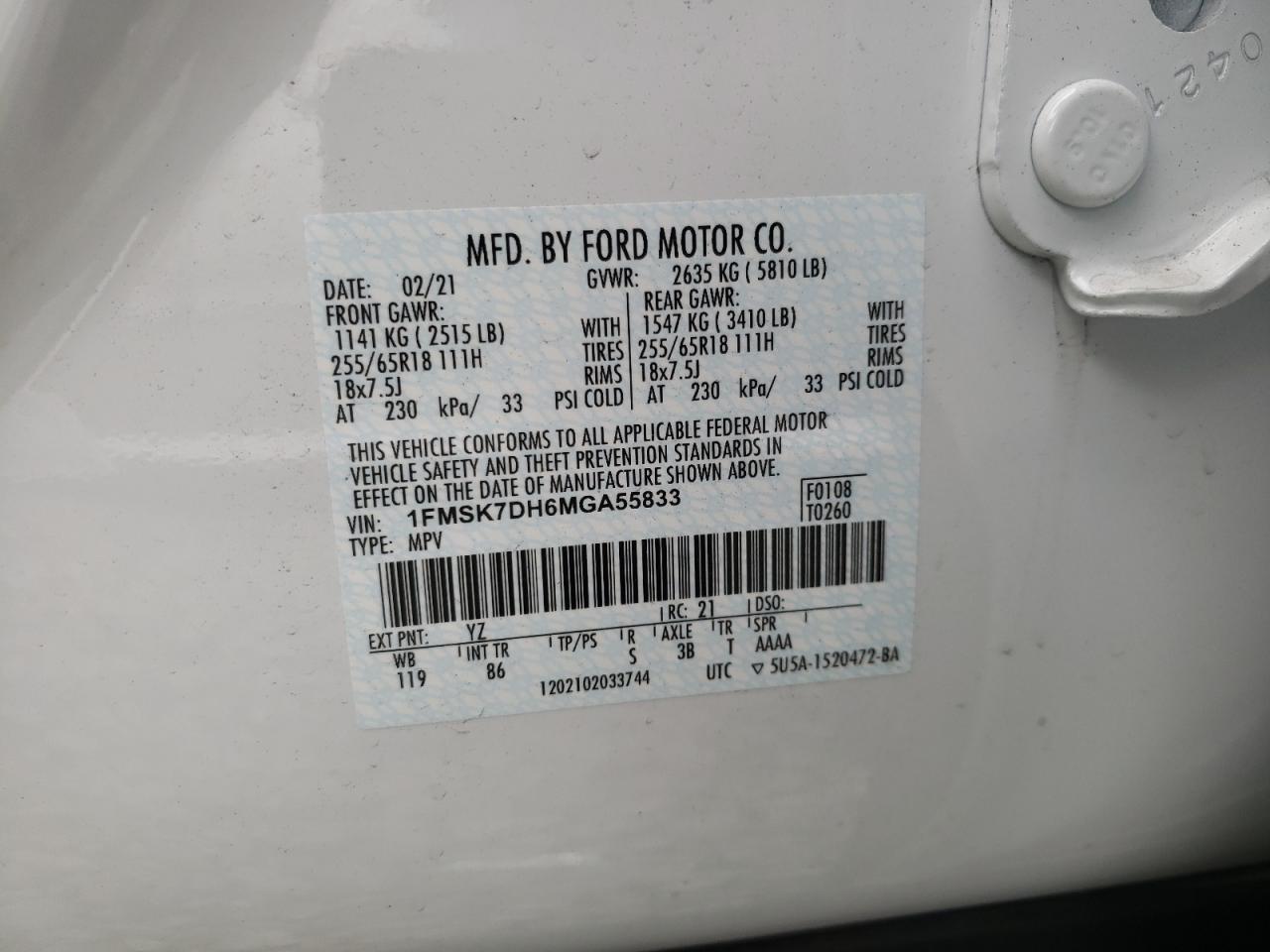 Photo 10 from auction – 2021 FORD EXPLORER X with VIN 1FMSK7DH6MGA55833
