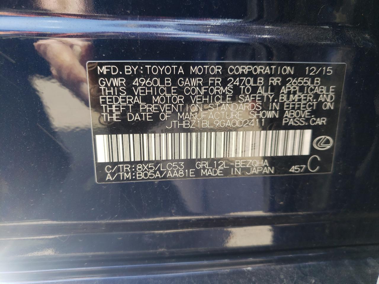 Photo 10 from auction – 2016 LEXUS GS 350 BAS with VIN JTHBZ1BL9GA002411