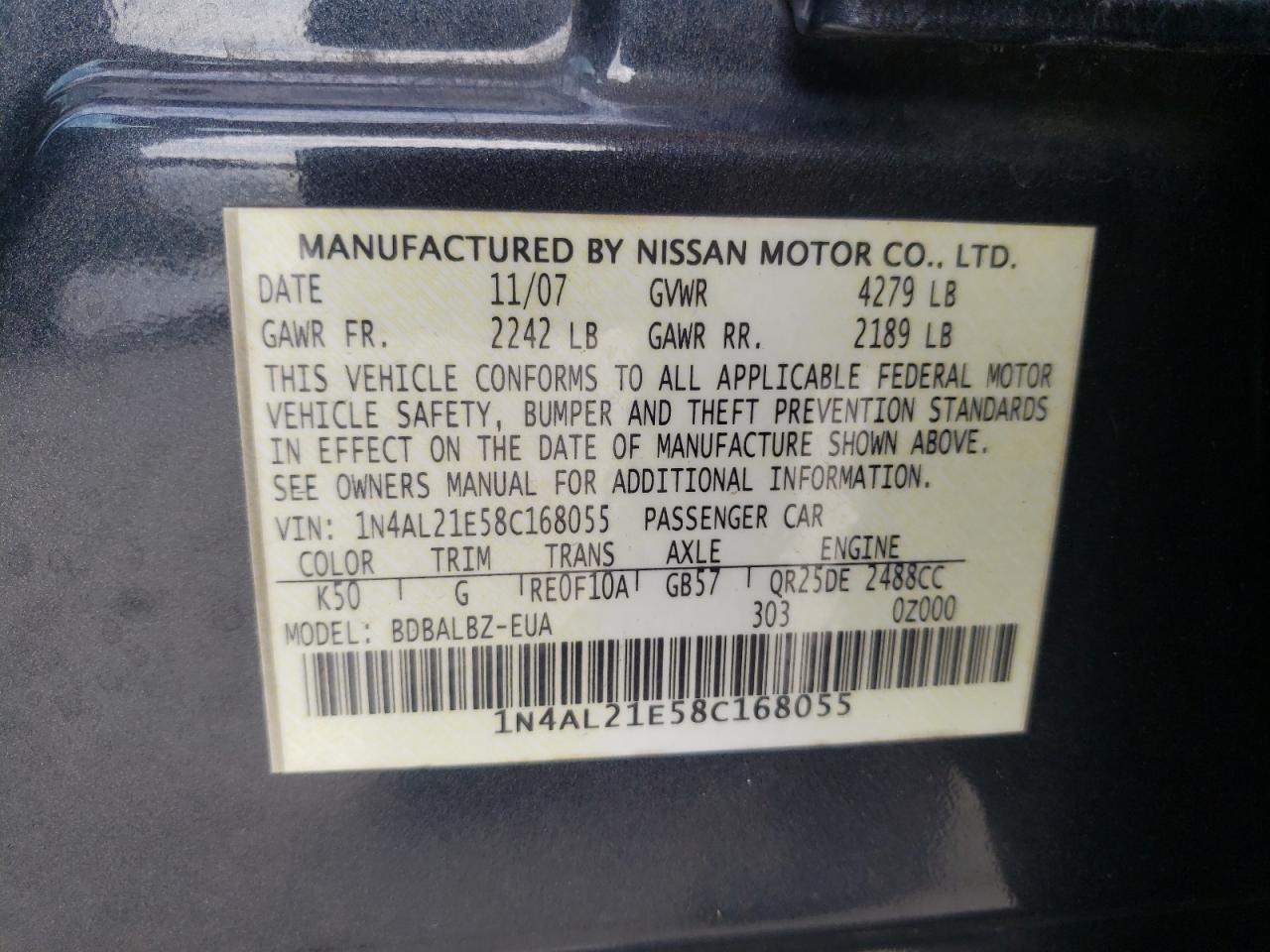 Photo 10 from auction – 2008 NISSAN ALTIMA 2.5 with VIN 1N4AL21E58C168055