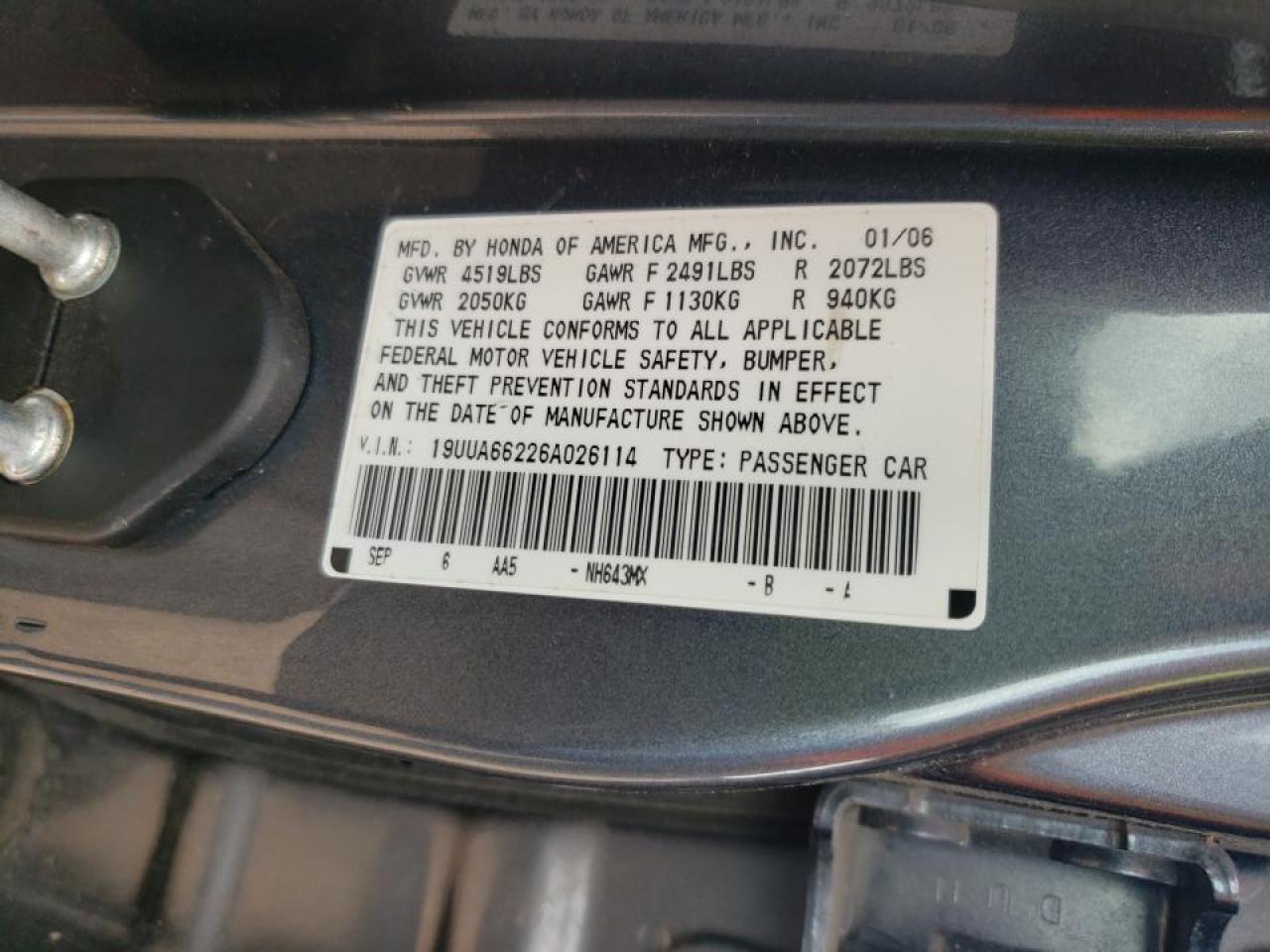 Photo 10 from auction – 2006 ACURA 3.2TL with VIN 19UUA66226A026114