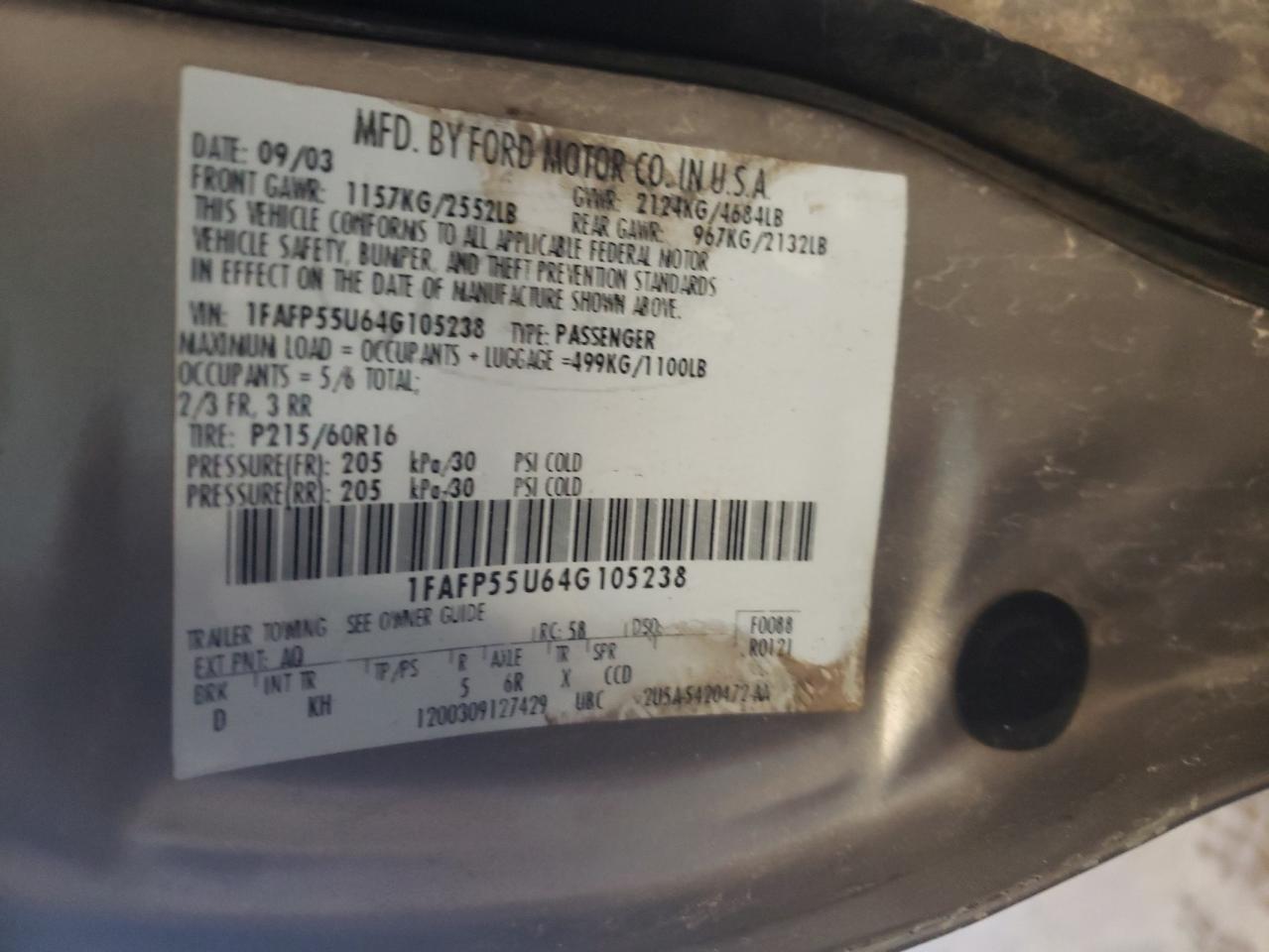 Photo 10 from auction – 2004 FORD TAURUS SES with VIN 1FAFP55U64G105238