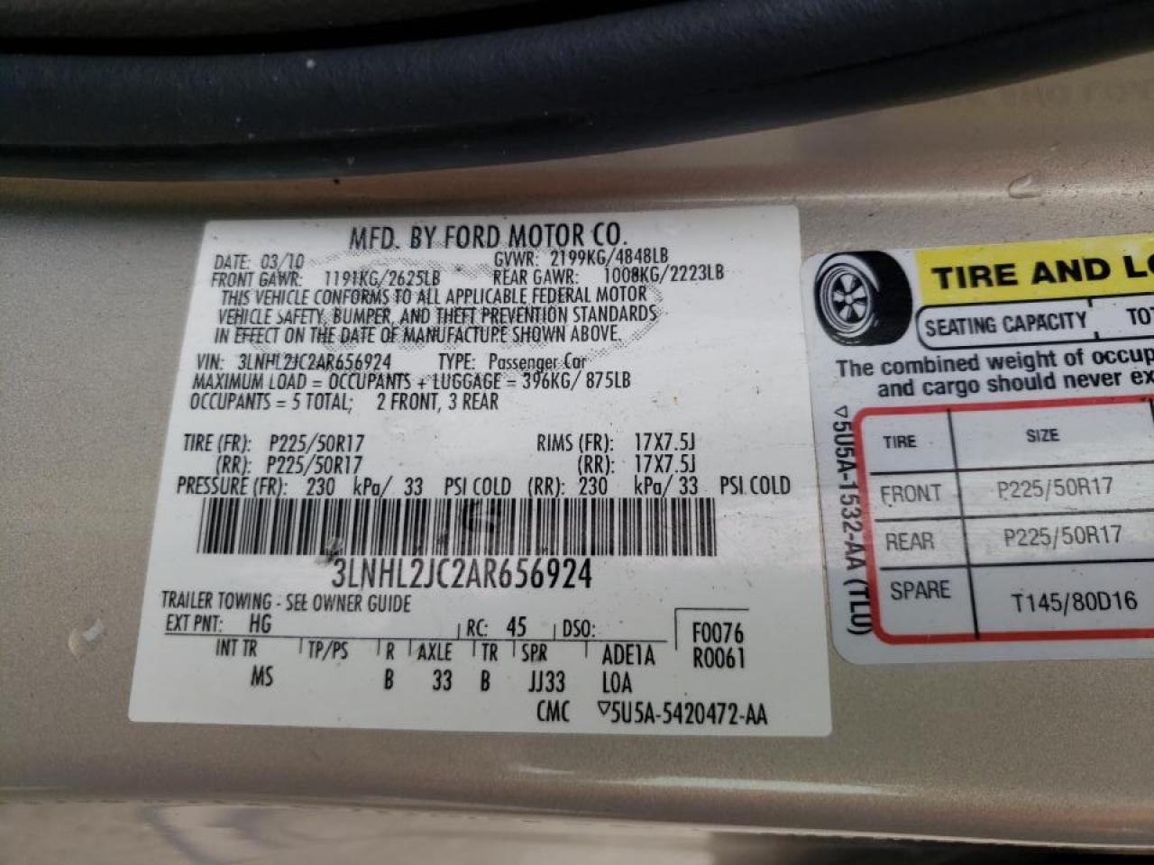 Photo 10 from auction – 2010 LINCOLN MKZ with VIN 3LNHL2JC2AR656924