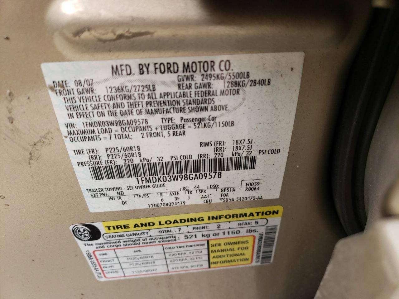 Photo 10 from auction – 2008 FORD TAURUS X L with VIN 1FMDK03W98GA09578