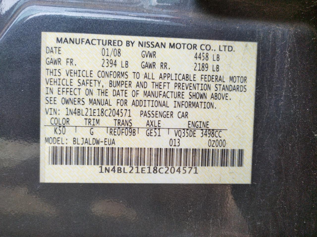 Photo 10 from auction – 2008 NISSAN ALTIMA with VIN 1N4BL21E18C204571